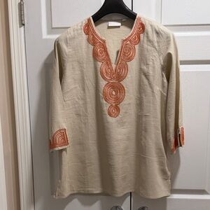 Belle by Kim Gravel Cream Tunic with Orange Embroidery